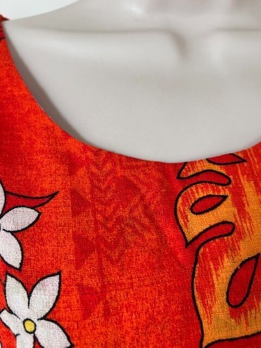 Royal Hawaiian Barkcloth Dress Vtg Sz 8 Maxi Orange Hibiscus Floral Empire Waist - Picture 16 of 16