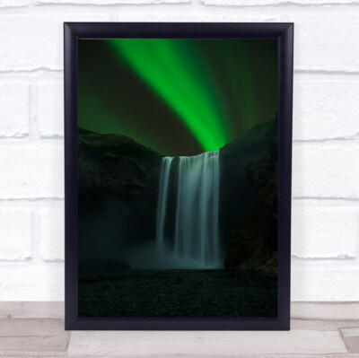 Skogafoss Island Aurora Nordlicht Wasserfall Himmel Wasser Felsen Wandbild Kunstdruck