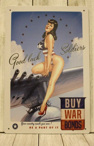 Sexy Pinup Girl Poster Tin Metal Sign Buy War Bonds USAF Vintage Ad Air Force