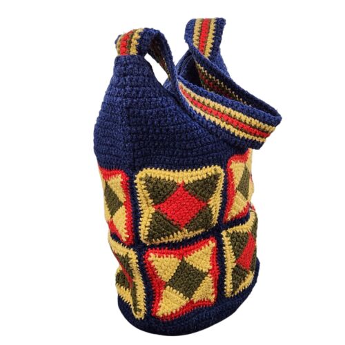 Borsa a tracolla vintage all'uncinetto foderata cerniera fatta a mano anni 70 boho hippie lg - Foto 6 di 14