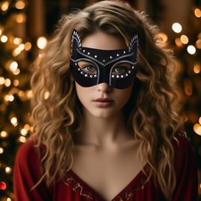 Women's Halloween Cat-Shaped Rhinestone Mask Cosplay Party Carnival Costume Mask