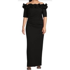 Xscape Women's Black Ruffled Off-the-Shoulder Crepe Sheath Gown Size 14 P