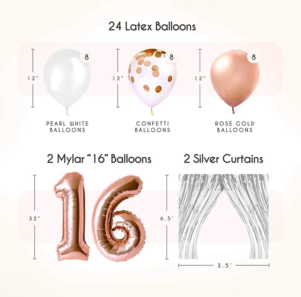 EPIQUEONE 41 Piece Rose Gold Sweet 16 Birthday Decorations Pom Pom Balloons - Image 3 of 4