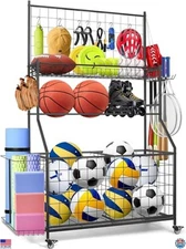 Sports Gear Organizer - Rolling Rack with Basketball & Golf Bag Storage Holder