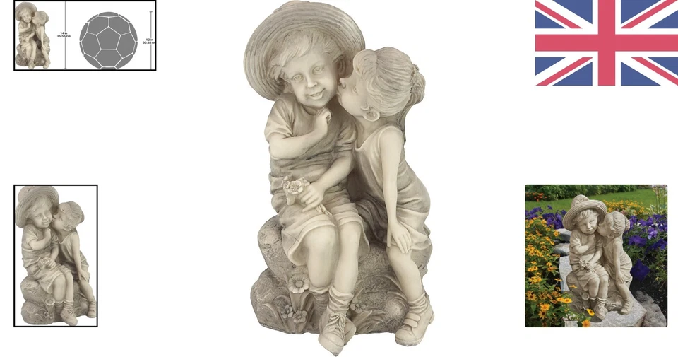 Encantadora Estatua Decoración Jardín Niños Besos, Acabado Antiguo Poliresina 35,5 cm Foto 2 de 4