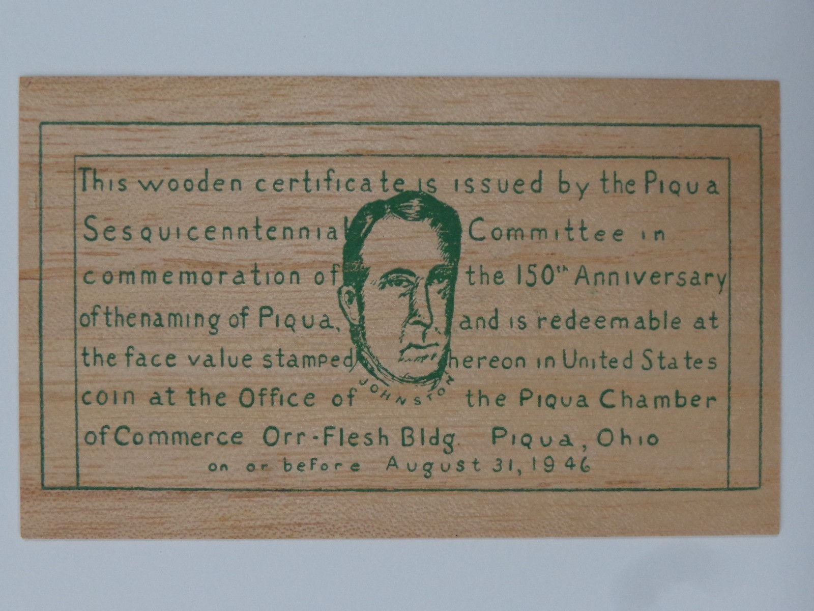 1938 PIQUA OHIO SESQUICENNTENNIAL 5 WOODEN NICKELS HOME OF COL JOHNSTON MUST SEE