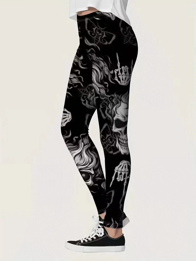Black with Gray & White Design, Skull Leggings