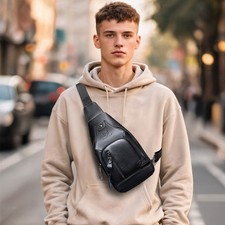 Men's 100 Top Grain Leather Crossbody Bag Multi-function Chest Sling Backpack