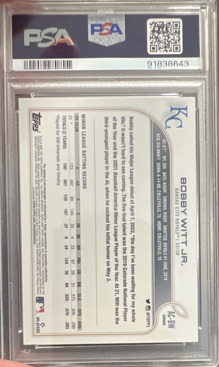 Topps 2022 Chrome Update Autographs Bobby Witt Jr. #AC-BW RC Auto PSA 10 view 2