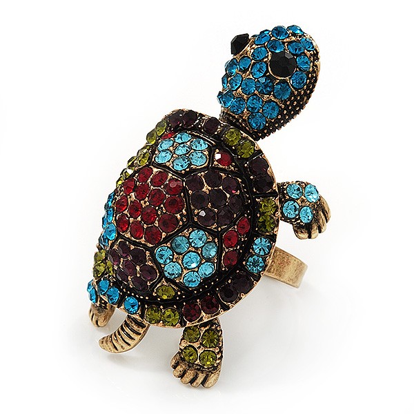 Large Multicoloured Crystal Turtle Ring In Burn Gold Metal - Adjustable - 5cm