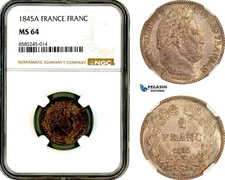 AL446, France, Louis Philippe I, 1 Franc 1845 A, Paris Mint, NGC MS64, Top Pop!