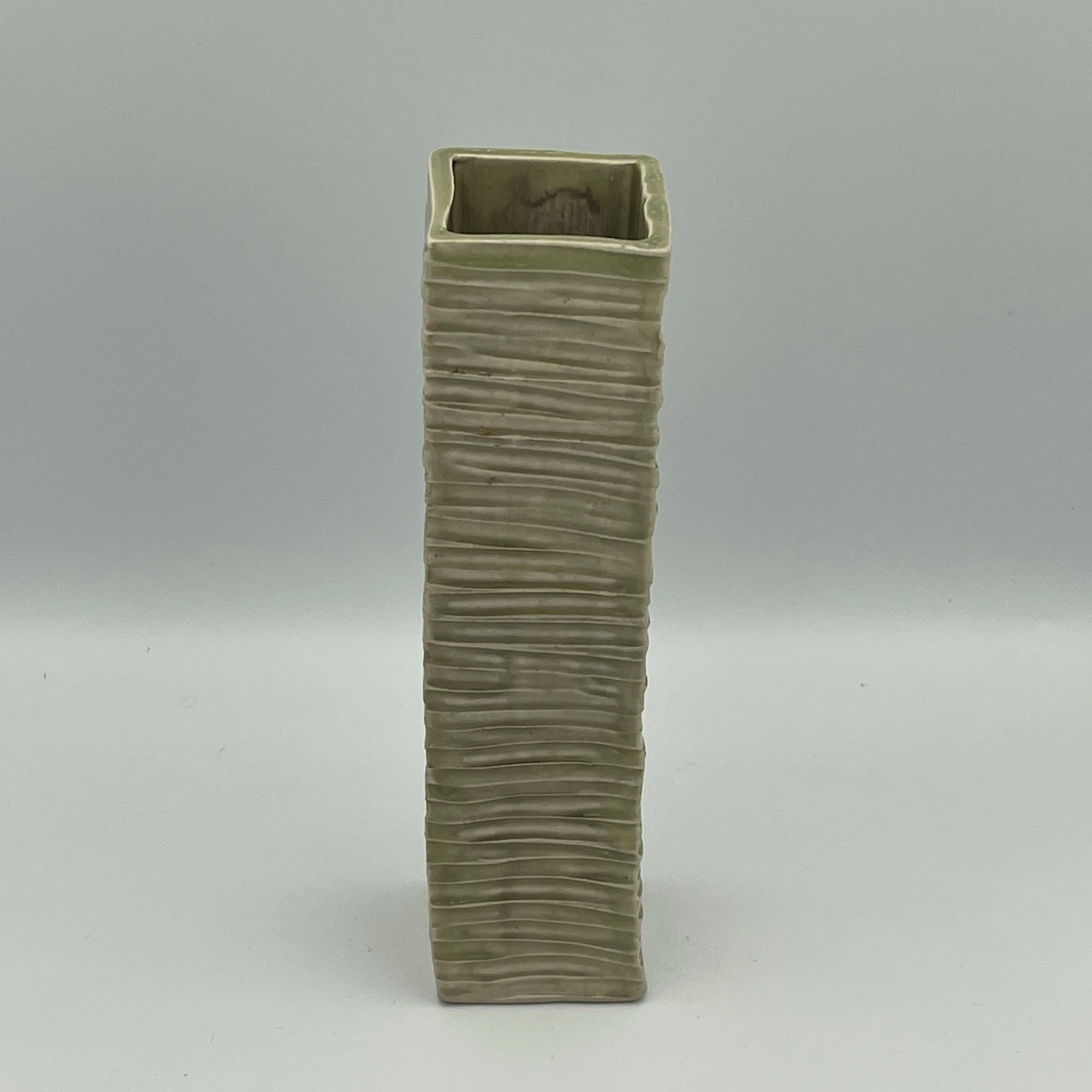 Artist Signed Art Pottery Flower Vase Ribbed Design Narrow Rectangle 8” Tall
