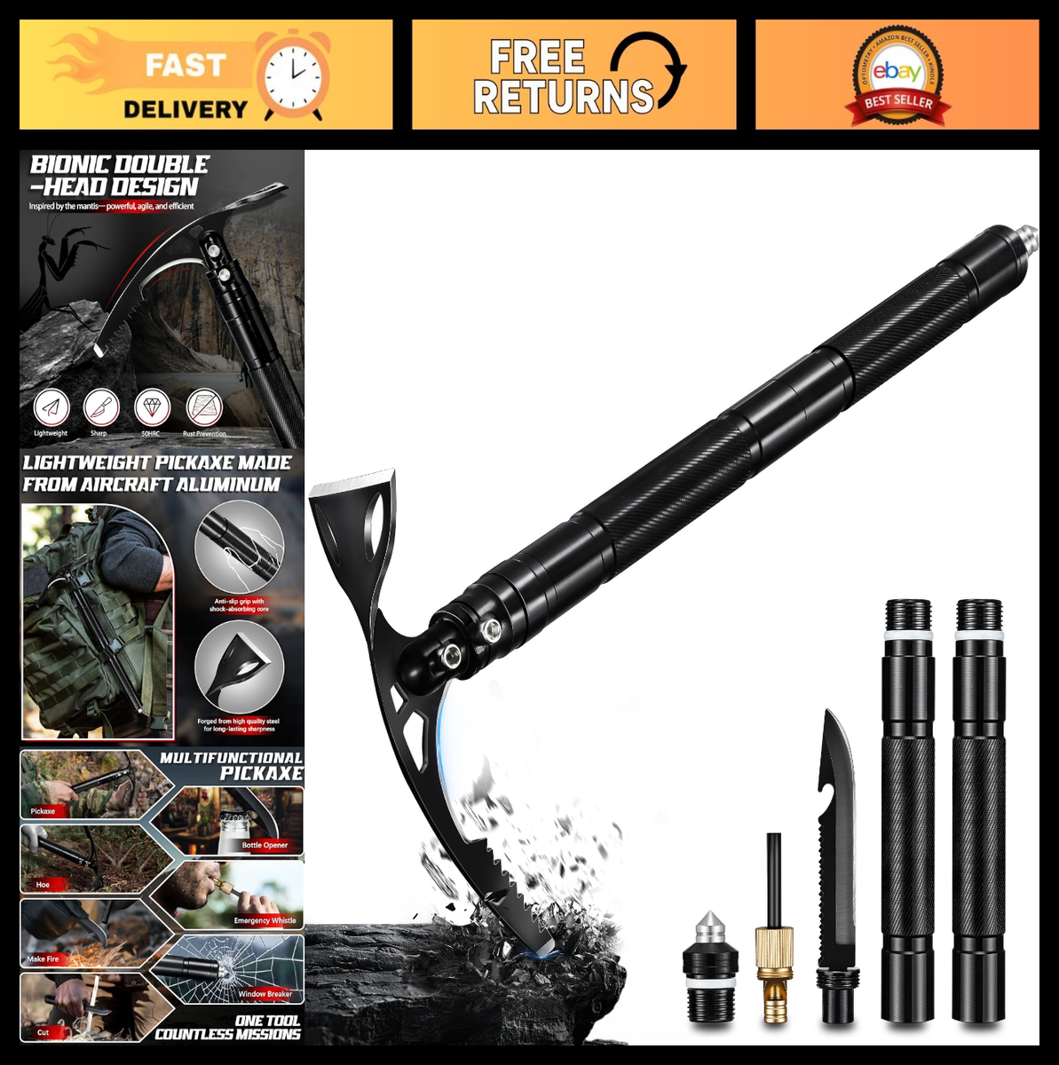 8-in-1 Folding Pick Axe Mattock, Multi-Purpose Garden Hoe