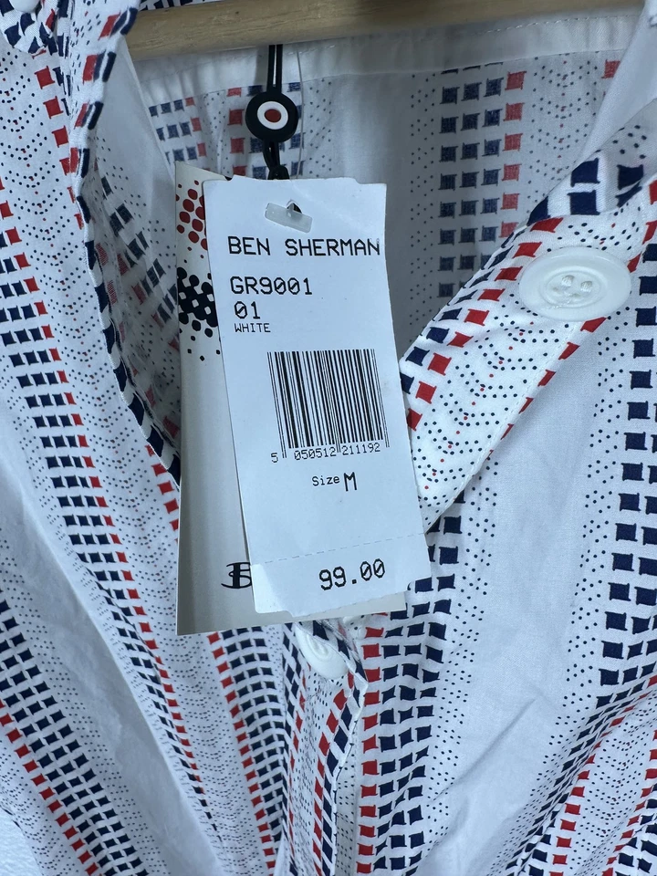 Camisa Ben Sherman Mujer Mediana Blanca Roja Azul GR9001 Vestido Botón Cinturón Mod Foto 3 de 4