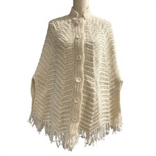 Handmade Crochet Poncho Shrug Womens OS White Fringe Split Sleeve Boho Hippie