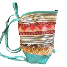 Handcrafted Mini Backpack Women Small Teal Woven Geometric Boho Tapestry Bag NEW