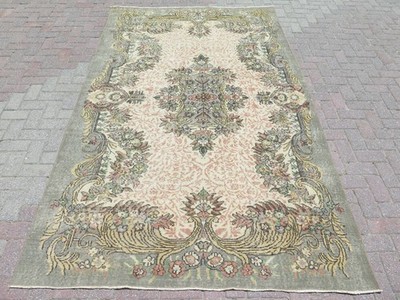 Sage Green Vintage Distressed Turkish Large Carpet, Handmade Wool Rug 70''x114''