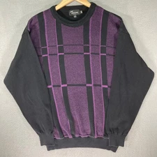 Tosani Canada Mens XL Black Purple Plaid Crew Next Sweater Made in Canada 90s