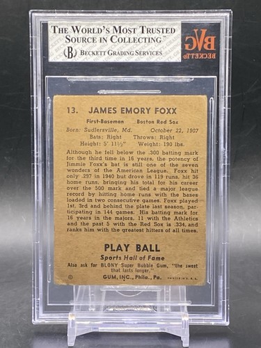 Tarjeta de béisbol 1941 Play Ball #13 Jimmie Foxx Salón de la fama Medias Rojas de Boston de colección en muy buena condición 2 - Imagen 2 de 2