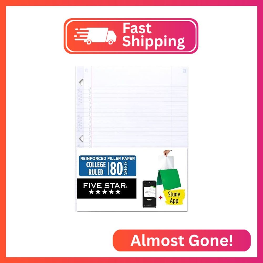 Five Star Loose Leaf Paper + Study App, Notebook Paper, College Ruled Filler Pap