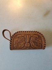 Vintage Hand Tooled Leather Zipper Coin Purse Floral Whipstitch Brown.Wallet.4"