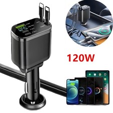 120W 4 in 1 Fast Car Phone Charger Retractable Car Charger With USB Type C Cable