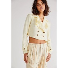 Free People Light Yellow Linen Crossover Back Bennie Crop Blazer Size XS