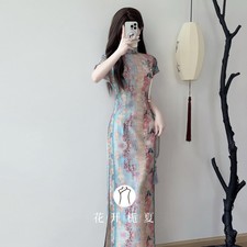 Cheongsam Dress New Chinese Style Womens Short Sleeve Printing Long Party Dress