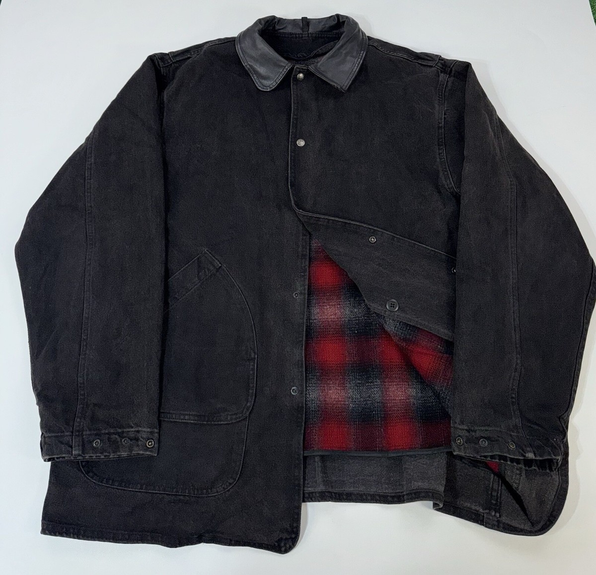 Vintage 80s Woolrich Black Denim Chore Coat Wool Lined Jacket USA 
