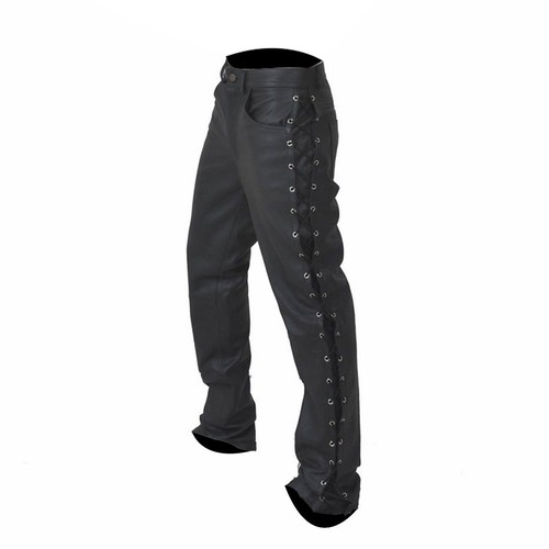 Hombre Moteros Pantalones Real Cuero Negro Sexy Lado Cordones Vaqueros |  eBay