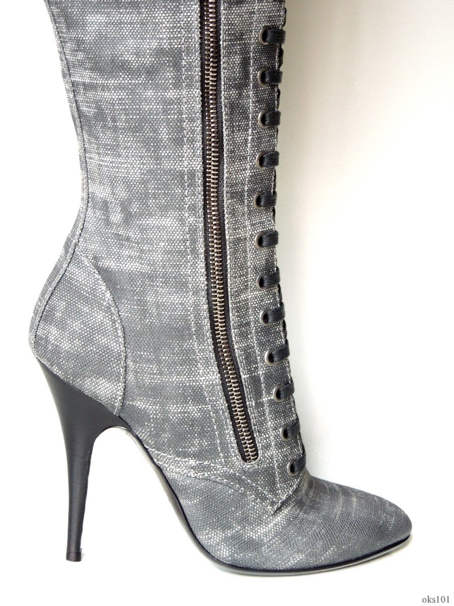 Giuseppe ZANOTTI grey lace-up side zipper heels TALL BOOTS - SEXY