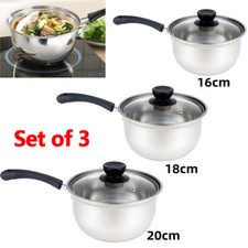 3PCS Induction Pan Set Saucepan Set Cookware Pot Stainless Steel With Glass Lids