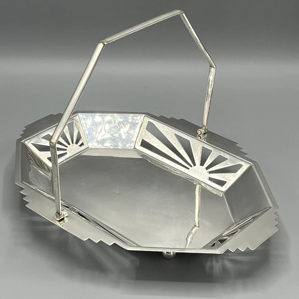 Antique Art Deco Silver Plated Fruit Cake Basket Dish Handle Sunburst Vtg 1930s - Image 2 of 4