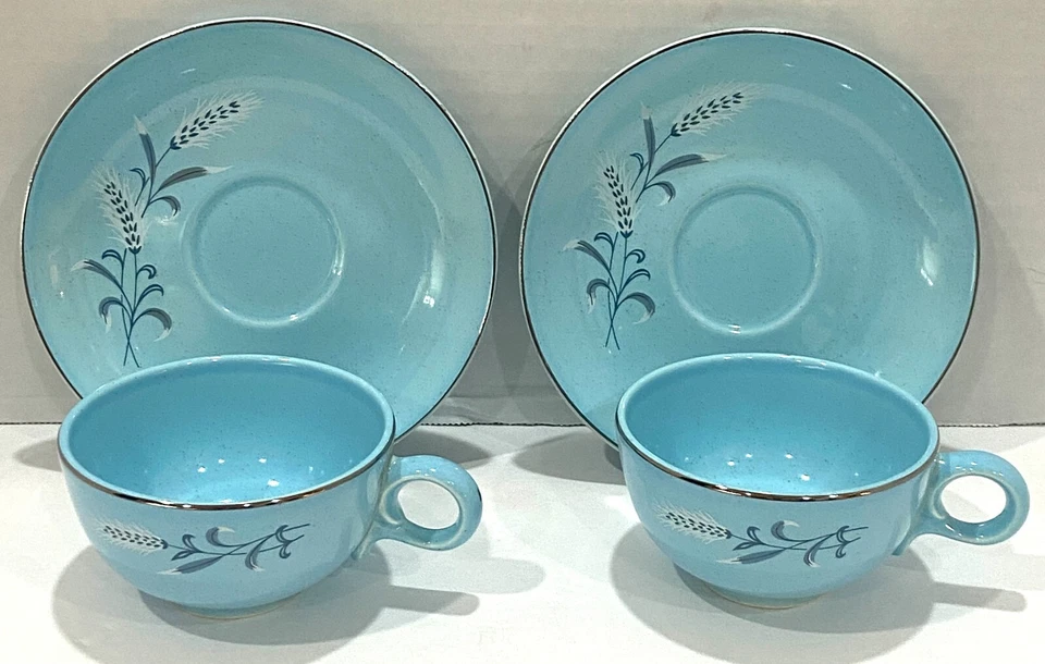 Juego de 2 tazas y platillos de trigo blanco en verde azulado MCM Taylor Smith & Taylor de colección - en muy buena condición Foto 2 de 4