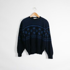 Vintage Fair Isle Winter Pattern Acrylic Sweater Mens Medium - Black Blue Retro