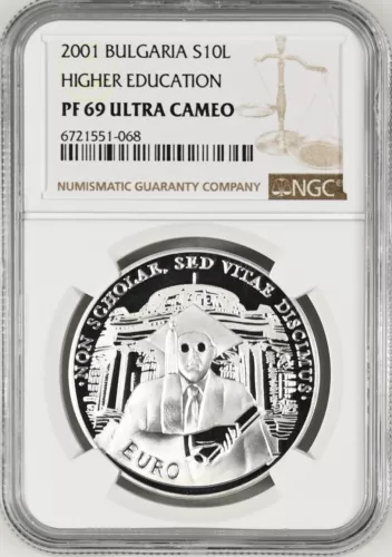 BULGARIA 10 Leva 2001 Silver NGC PF69 Higher Education TOP POP 1/5