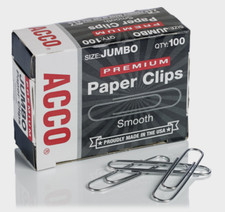 Acco Jumbo PAPER CLIPS 100 pk Premium Smooth Silver Heavy Gauge Made In USA NEW