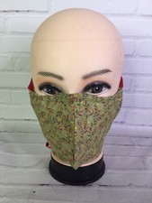 Custom Made New Handmade Face Mask Fabric Floral Leaves Red Double Ribbon Ties
