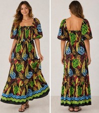 Forever 21 Maxi Dress Medium Tropical Print Puff Sleeves Elastic Bodice NWT