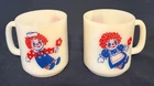 2 Vintage Raggedy Ann and Andy White Milk Glass Coffee Tea Mug Cup Glasbake 3.5"