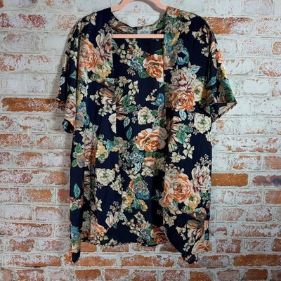 Ally Oops Floral Kimono Women Size S Navy Blue Open Front Cardigan Boho VBJ356