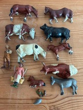 Set of vintage lead farm animals - cows, bull, horses, donkey, milk maid, boy sc