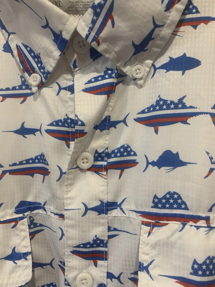 Ocean Coast Mens 2XL Fishing Shirt Vented Short Sleeve Red/white/blue Fish Print - Image 4 of 4