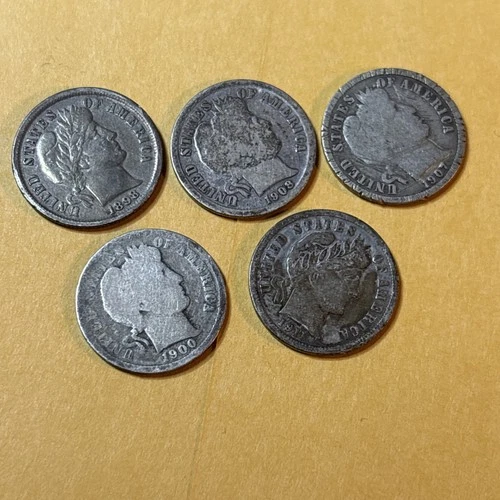 5x USA Silver Barber Dime 1900 1898 1908 D /  1907 1911 Lot