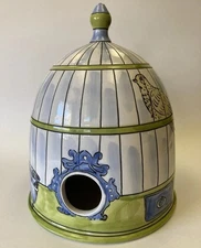 Molly Hatch Anthropologie Ceramic Birdhouse Bird Cage Blue/Green/Yellow 10" 5 lb