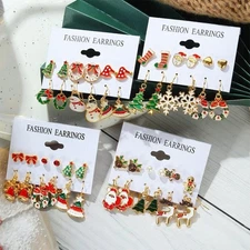 6 Pairs Christmas Earrings Set Xmas Tree Crystal Santa Claus Snowman Stud Hook 