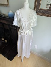 Vtg 90s Large Long Nightgown Robe Set White Lace Bead Applique Accent Satin
