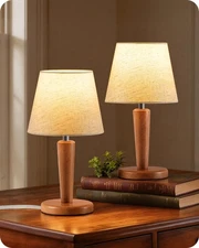 12”Wood Bedside Table Lamps Set of 2, Small Desk Lamps for Small Places, 3 Co...