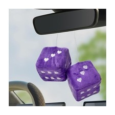 1 Pair Fuzzy Plush Dice for Car Mirror, 3'' Retro Square Dice with Heart Purple