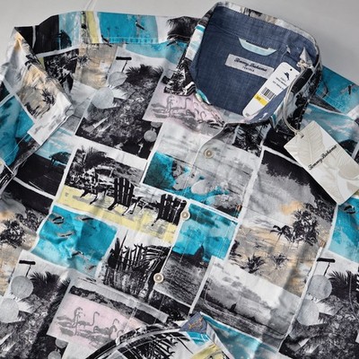Tommy Bahama Camp Shirt Tortola Snapshots Tropical Teal Blue New SS Medium M